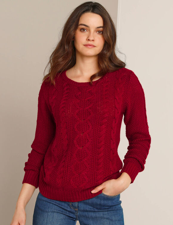 Pull col rond, maille torsadée (rouge foncé) Pull col rond, maille torsadée (rouge foncé)